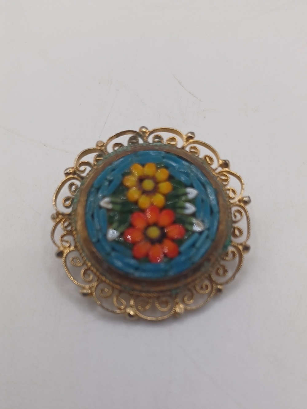Micro Mosaic Floral Brooch With Gold Tone Filigree Border -Has Verdigris-